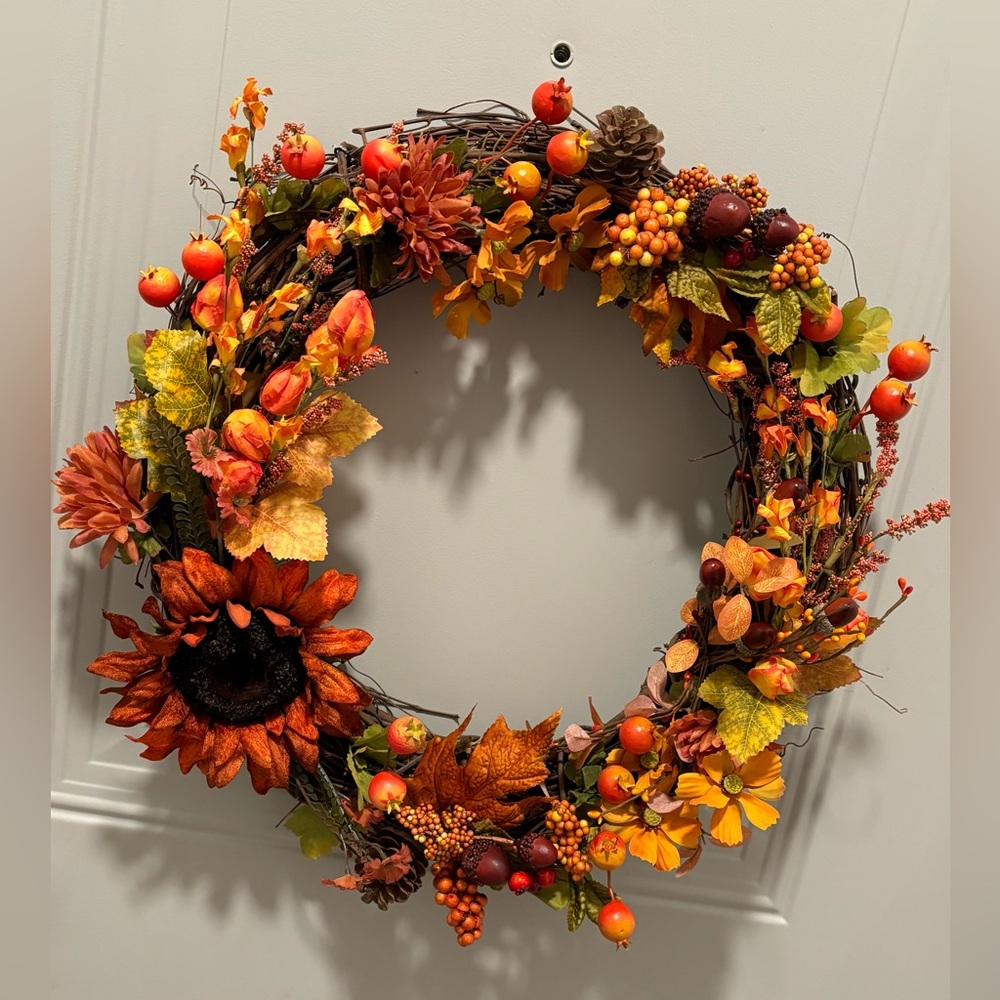 Handmade Fall Harvest Wreath with Sunflowers and Berries